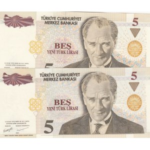 Turkey, 5 New Turkish Lira, 2005, UNC, p217, 8/1. Emission, TWIN NUMBERS, (Total 2 banknotes)