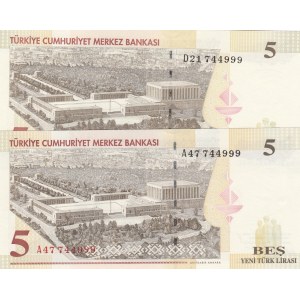 Turkey, 5 New Turkish Lira, 2005, UNC, p217, 8/1. Emission, TWIN NUMBERS, (Total 2 banknotes)