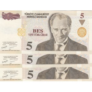 Turkey, 5 New Lira, 2005, UNC, p217, NICE NUMBERS, (Total 3 banknotes)