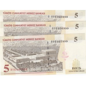 Turkey, 5 New Lira, 2005, UNC, p217, NICE NUMBERS, (Total 3 banknotes)