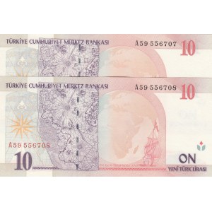 Turkey, 10 New Turkish Lira, 2005, UNC, p218, 8/1. Emission, (Total 2 consecutive banknotes)