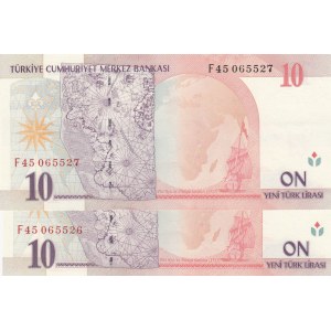 Turkey, 10 New Turkish Lira, 2005, UNC, p218, 8/1. Emission, (Total 2 consecutive banknotes)