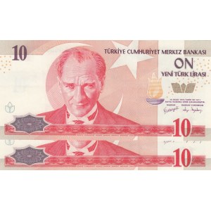 Turkey, 10 New Turkish Lira, 2005, UNC, p218, 8/1. Emission, (Total 2 consecutive banknotes)