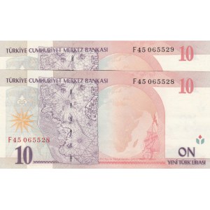 Turkey, 10 New Turkish Lira, 2005, UNC, p218, 8/1. Emission, (Total 2 consecutive banknotes)