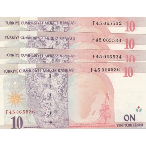Turkey, 10 New Turkish Lira, 2005, UNC, p218, 8/1. Emission, (Total 4 banknotes)
