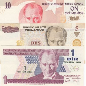 Turkey, 1 New Turkish Lira, 5 New Turkish Lira, 10 New Turkish Lira, 20 New Turkish Lira, 50 New Turkish Lira and 100 New Turkish Lira, 2005, UNC, p216…p221, 8. Emission full A01 set, (Total 6 banknotes)