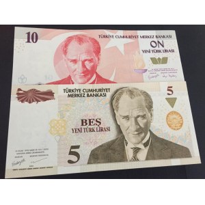 Turkey, 5 Turkish Lira and 10 New Turkish Lira, 2005, UNC, p217 / p218, 8/1. Emission, (Total 2 banknotes)