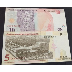Turkey, 5 Turkish Lira and 10 New Turkish Lira, 2005, UNC, p217 / p218, 8/1. Emission, (Total 2 banknotes)