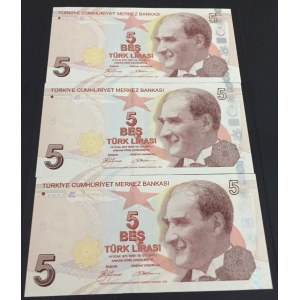 Turkey, 5 Lira, 2009, XF / UNC, p222a, 9/1. Emission, (Total 3 banknotes)