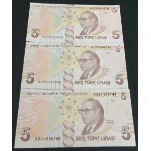 Turkey, 5 Lira, 2009, XF / UNC, p222a, 9/1. Emission, (Total 3 banknotes)
