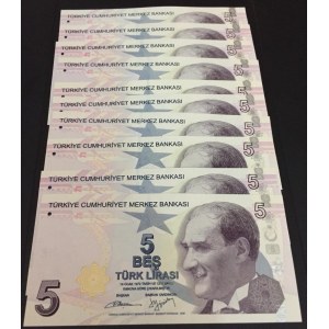 Turkey, 5 Lira, 2013, UNC, p222b, 9/2. Emission, NICE NUMBERS, (Total 10 banknotes)