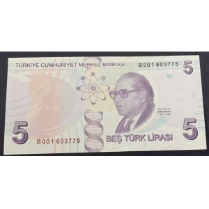 Turkey, 5 Lira, 2013, UNC, p222b, 9/2. Emission, B001 first prefix.
