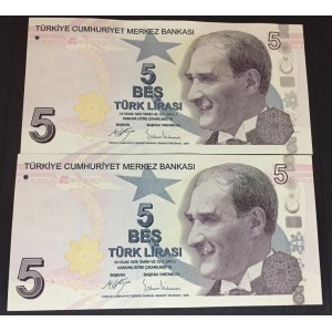 Turkey, 5 Lira, 2017, UNC, p222c, 9/3. Emission, C001 and Twin serial number, (Total 2 banknotes)