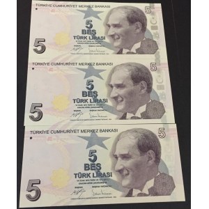 Turkey, 5 Lira, 2017, UNC, p222c, 9/3. Emission, C001, (Total 3 consecutive banknotes)