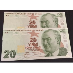Turkey, 20 Lira, 2009, UNC, p224a, 9/1. Emission, (Total 2 consecutive banknotes)
