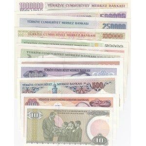 Turkey, 10 Lira, 100 Lira, 500 Lira, 1000 Lira, 5000 Lira, 10.000 Lira, 20.000 Lira, 50.000 Lira, 100.000 Lira, 250.000 Lira, 500.000 Lira and 1.000.000 Lira, 1979/2002. UNC, 7. Emisyon, (Total 12 banknotes)