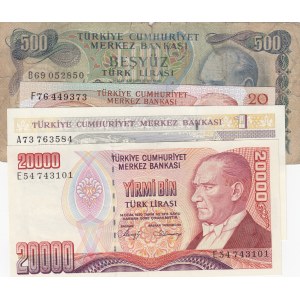 Turkey, 20 Lira, 500 Lira, 20.000 Lira and 1 New Turkish Lira, POOR / UNCL, (Total 4 banknotes)
