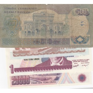 Turkey, 20 Lira, 500 Lira, 20.000 Lira and 1 New Turkish Lira, POOR / UNCL, (Total 4 banknotes)