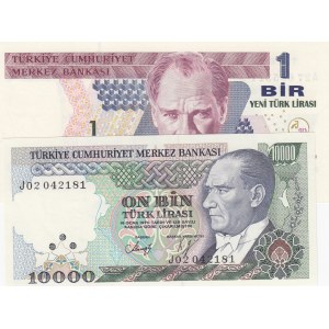 Turkey, 10.000 Lira, 1 New Turkish Lira, 1993/ 2005, UNC, p200 / p216, (Total 2 banknotes)