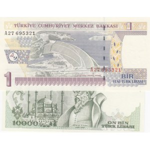 Turkey, 10.000 Lira, 1 New Turkish Lira, 1993/ 2005, UNC, p200 / p216, (Total 2 banknotes)