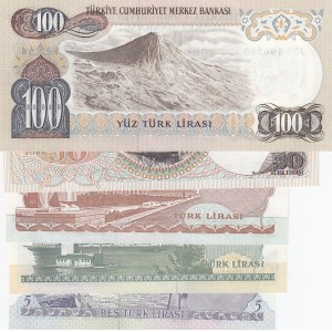 Turkey, 5 Lira, 10 Lira, 20 Lira, 50 Lira and 100 Lira, 1976/1983, UNC, 6. Emisyon, (Total 5 banknotes)