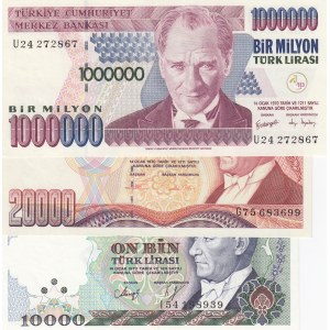 Turkey, 10.000 Lira, 20.000 Lira and 1.000.000 Lira, 1993/2002, UNC, 7. Emission Lot, (Total 3 banknotes)