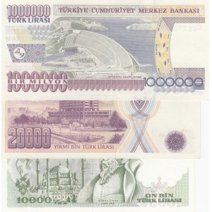 Turkey, 10.000 Lira, 20.000 Lira and 1.000.000 Lira, 1993/2002, UNC, 7. Emission Lot, (Total 3 banknotes)