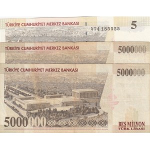 Turkey, 5.000.000 Lira (2) ve 5 New Turkish Lira, 1997/2005, XF / UNC, p210/p217, 7. Emission and 8. Emission, (Total 3 banknotes)