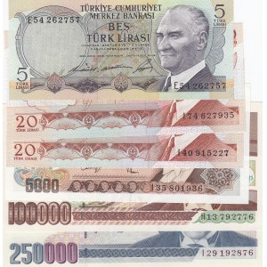 Turkey, 5 Lira, 20 Lira (2), 5.000 Lira, 100.000 Lira and 250.000 Lira, AIUNC / UNC