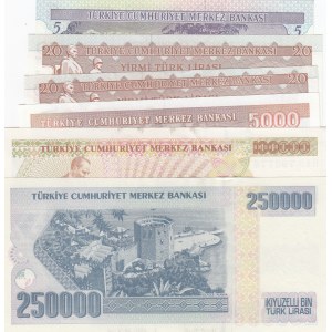 Turkey, 5 Lira, 20 Lira (2), 5.000 Lira, 100.000 Lira and 250.000 Lira, AIUNC / UNC