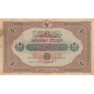 Turkey, Ottoman Empire, 5 Lira, 1915, XF (-), p70a, Talat / Janko