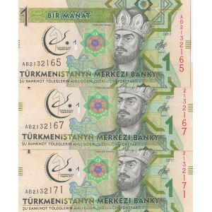 Turkmenistan, 1 Manat, 2017, UNC, p36, (Total 3 banknotes)
