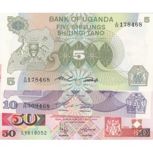 Uganda, 5 Shilings, 10 Shilings and 50 Shilings, UNC, p15/ p16/ p18a, (Total 3 Banknotes)