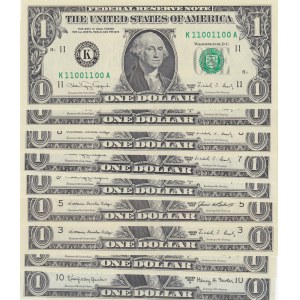Unıted States of America, 1 Dollar (9), 1963/1988, UNC, p443/p468/p480, NICE NUMBERS, (Total 9 banknotes)