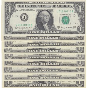 Unıted States of America, 1 Dollar (9), 1963/1977/1985/1988/1995, UNC, p443/p462/p474/p496, NICE NUMBERS, (Total 9 banknotes)