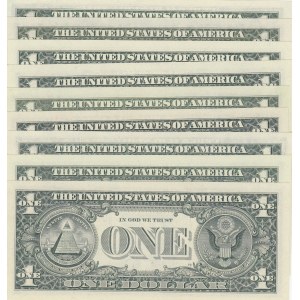 Unıted States of America, 1 Dollar (9), 1963/1977/1985/1988/1995, UNC, p443/p462/p474/p496, NICE NUMBERS, (Total 9 banknotes)