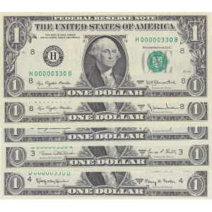 Unıted States of America, 1 Dollar (5), 1963/1969/1977, UNC, p443/p449/p462, LOW SERIAL NUMBER and TWIN NUMBERS LOT, (Total  banknotes)