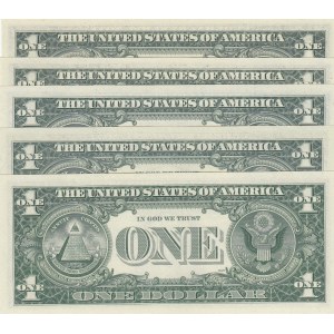 Unıted States of America, 1 Dollar (5), 1963/1969/1977, UNC, p443/p449/p462, LOW SERIAL NUMBER and TWIN NUMBERS LOT, (Total  banknotes)