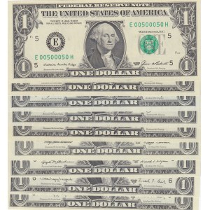 Unıted States of America, 1 Dollar (9), 1969/1977/1981/1985/1988/1993, UNC, p449/p462/p468/p480/p490, NICE NUMBERS, (Total 9 banknotes)