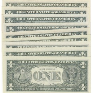 Unıted States of America, 1 Dollar (9), 1969/1977/1981/1985/1988/1993, UNC, p449/p462/p468/p480/p490, NICE NUMBERS, (Total 9 banknotes)