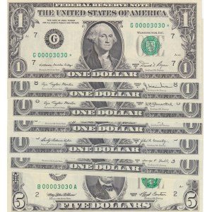 Unıted States of America, 1 Dollar (7), 1969/1974/1977/1981/1993, UNC, p449/p455/p462/p468/p490, LOW SERIAL NUMBER and TWIN NUMBERS LOT, (Total 7 banknotes)