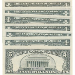Unıted States of America, 1 Dollar (7), 1969/1974/1977/1981/1993, UNC, p449/p455/p462/p468/p490, LOW SERIAL NUMBER and TWIN NUMBERS LOT, (Total 7 banknotes)