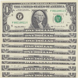 Unıted States of America, 1 Dollar (9), 1974/1977/1981/1988/1995, UNC, p455/p462/p468/p480/p496, NICE NUMBERS, (Total 9 banknotes)