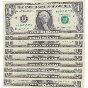 Unıted States of America, 1 Dollar (9), 1977/1995, UNC, p462/p443/p480/p496, NICE NUMBERS, (Total 9 banknotes)