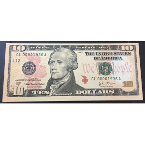 Unıted States of America, 10 Dollars, 2004, UNC, p520, LOW SERIAL NUMBER
