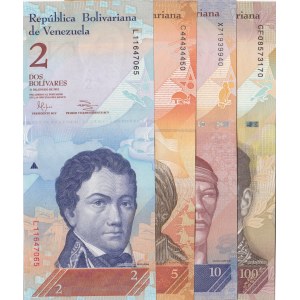 Venezuela, 2 Bolivars, 5 Bolivars, 10 Bolivars and 100 Bolivars, 2012/ 2007/ 2014/ 2015, UNC, p88e/ p89a/ p90e/ p93, (Total 4 Banknotes)