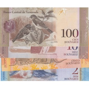 Venezuela, 2 Bolivars, 5 Bolivars, 10 Bolivars and 100 Bolivars, 2012/ 2007/ 2014/ 2015, UNC, p88e/ p89a/ p90e/ p93, (Total 4 Banknotes)