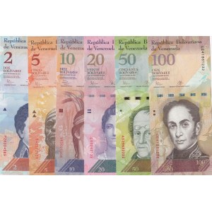 Venezuela, 2 Bolivares, 5 Bolivares, 10 Bolivares, 20 Bolivares, 50 Bolivares and100 Bolivares, 2009/2015, UNC, (Total 6 banknotes)