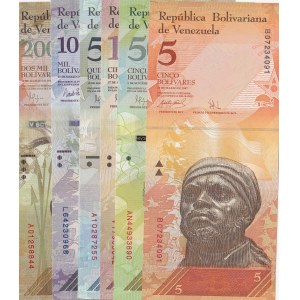 Venezuela, 5 Bolivares, 50 Bolivares, 100 Bolivares, 500 Bolivares (2), 1000 Bolivares and 2000 Bolivares, 2007/2016, UNC, (Total 7 banknotes)