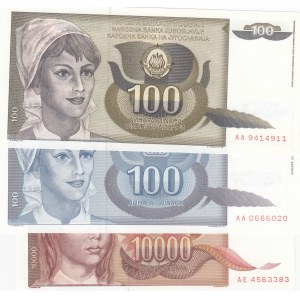 Yugoslavİa, 100 Dinara (2), ve 10.000 Dinara, 1991/1992, UNC, p108/p112/p118, (Tota 3 banknotes)